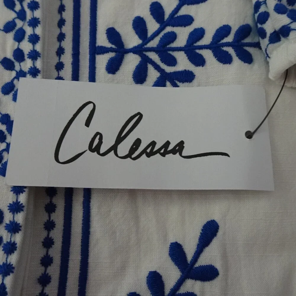 Calessa Embroidered Tunic Top Women's Size M White Blue Loose Fit Boho Peasant - Picture 7 of 11